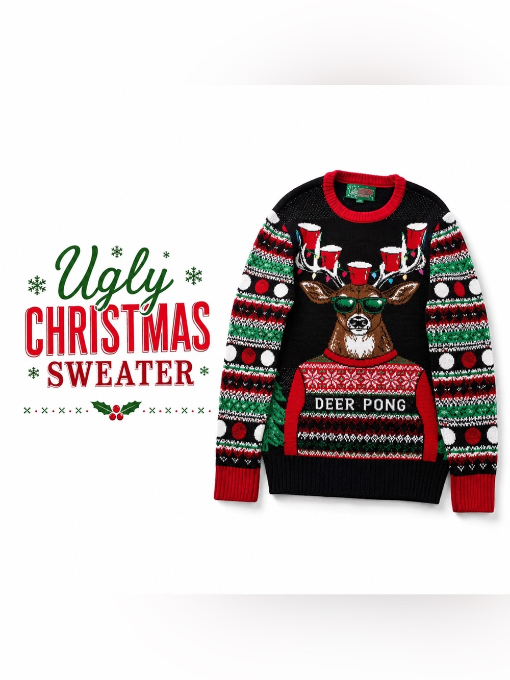 Ugly Christmas Sweater Deer Pong Reindeer Beer Pong Graphic Pullover Medium